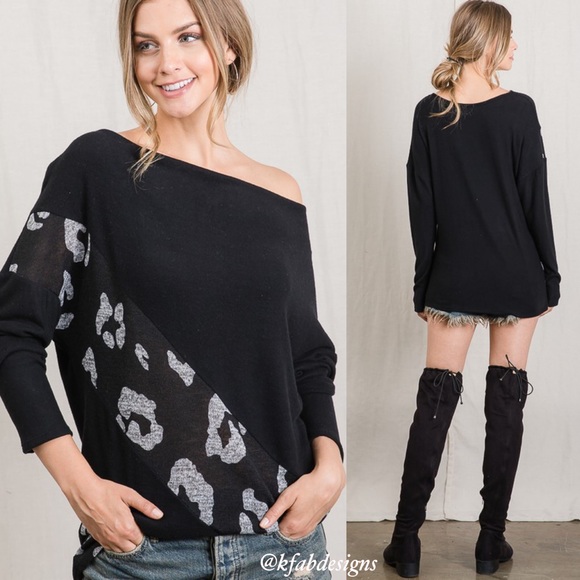 ❤️LAST ONE! Multi Wear Neckline Super Soft, Leopard Accent, Dolman Sleeve Top - Picture 6 of 9